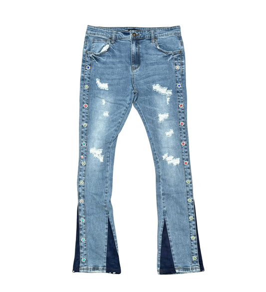 Denim Flared Jeans/ Suede Cut / Sew And Pearl Light Blue by Vicious - 1