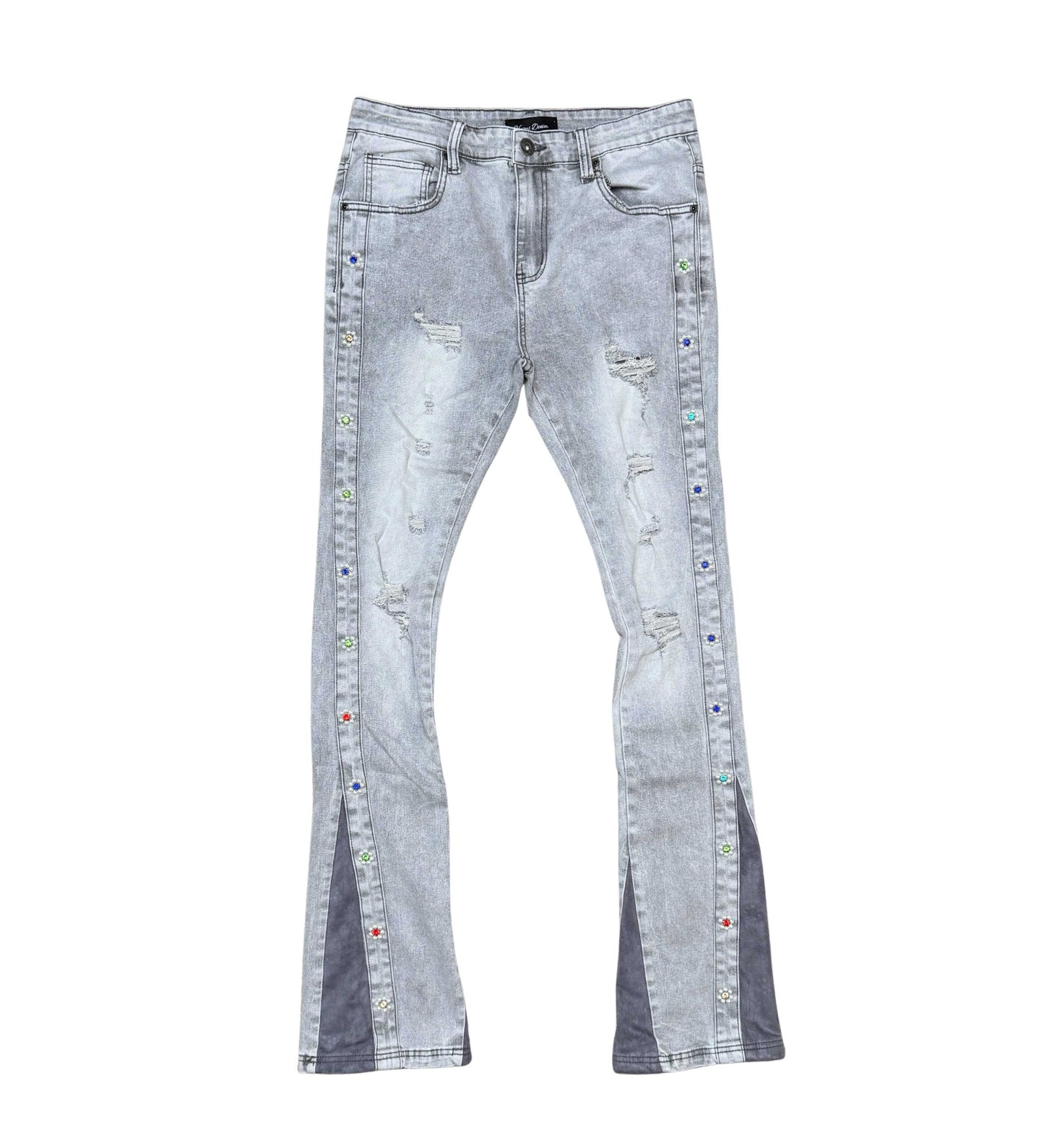 Denim Flared Jeans/ Suede Cut / Sew And Pearl Light Grey by Vicious - 1