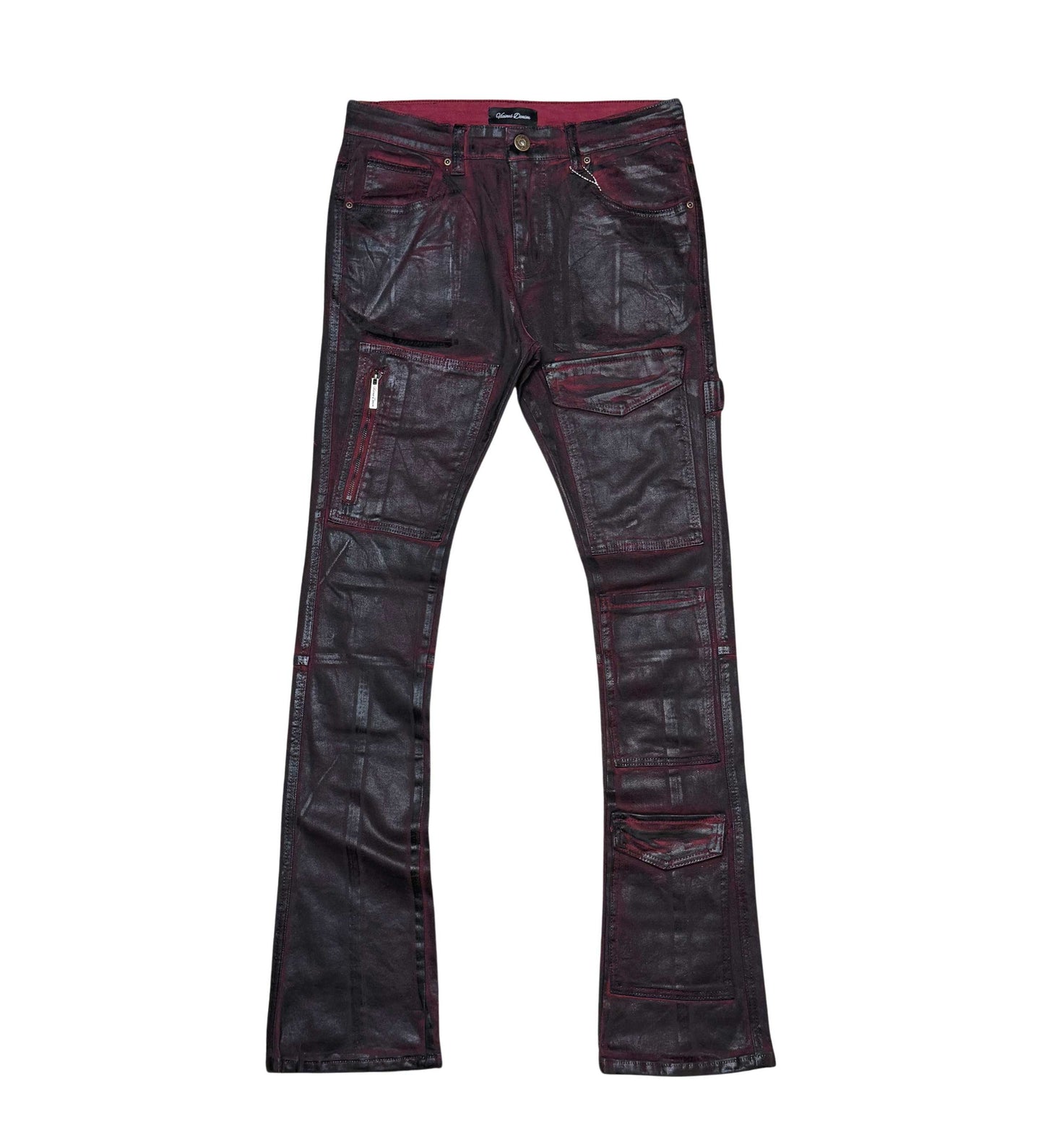 Coated Denim Flared Fit Pant Burgundy by Vicious - 1