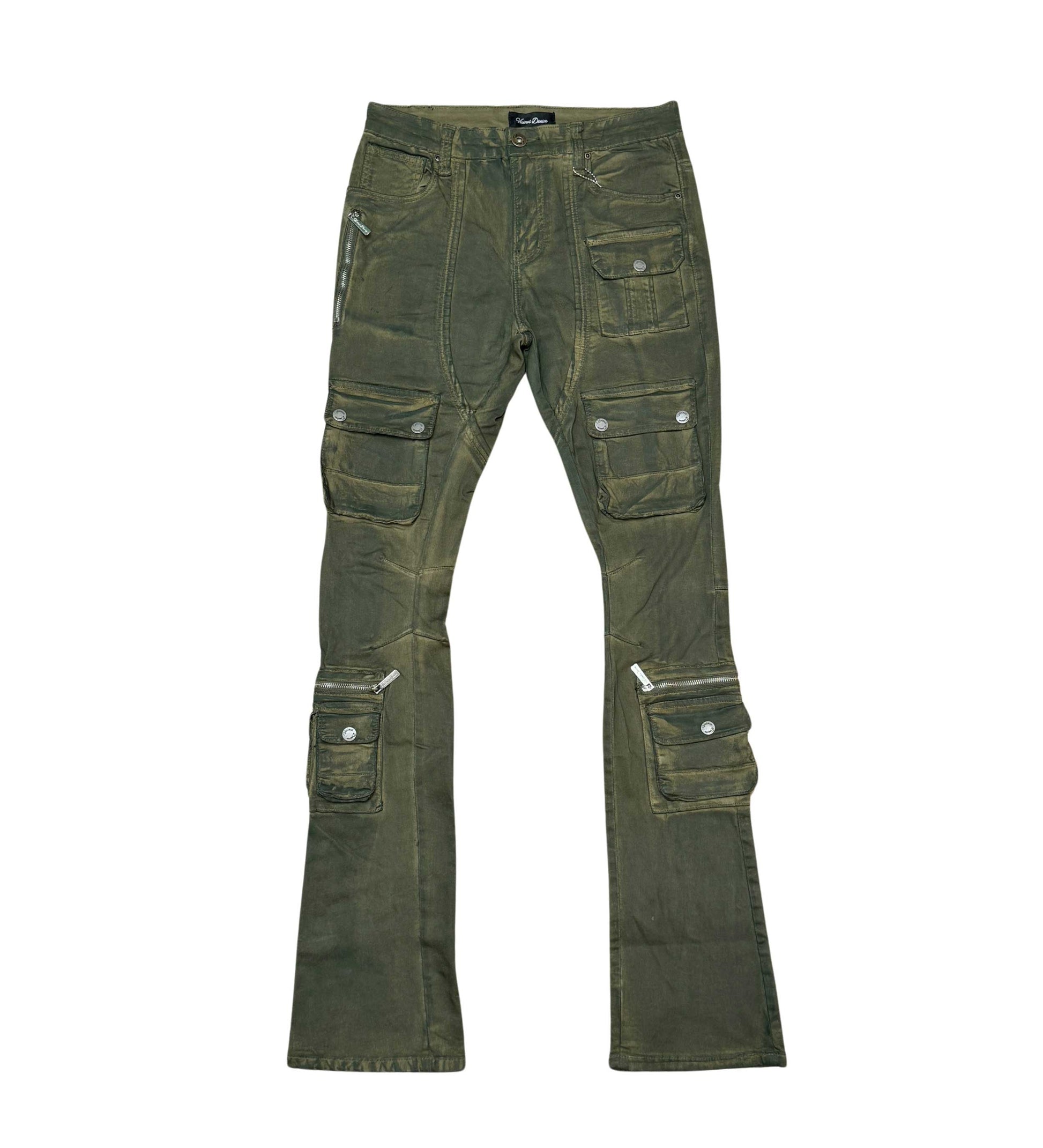 Coated Denim Flared Fit Pant Avocado Green by Vicious - 1