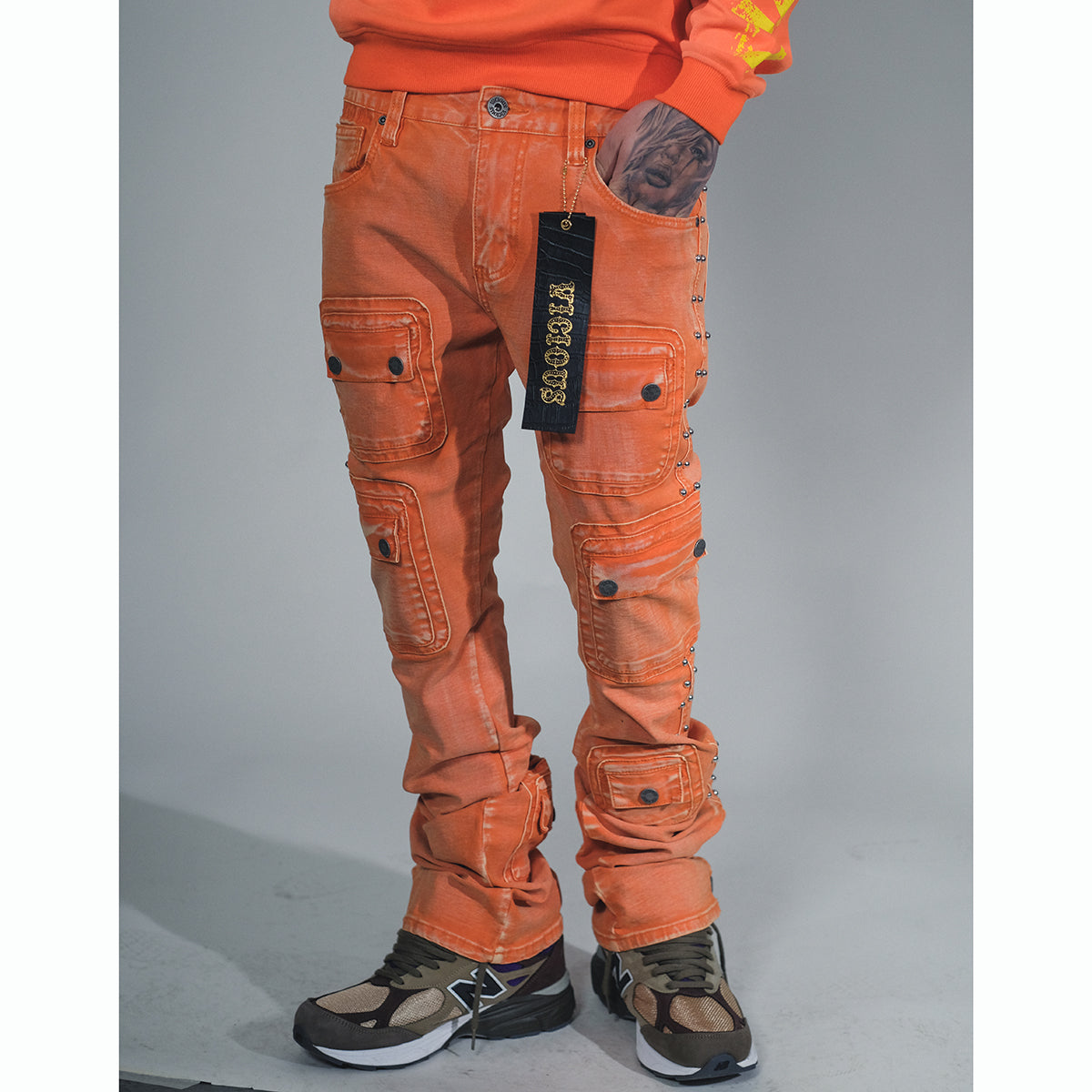 Studded Warrior Cargo Flare Fit Denim Acid Orange by Vicious - 1