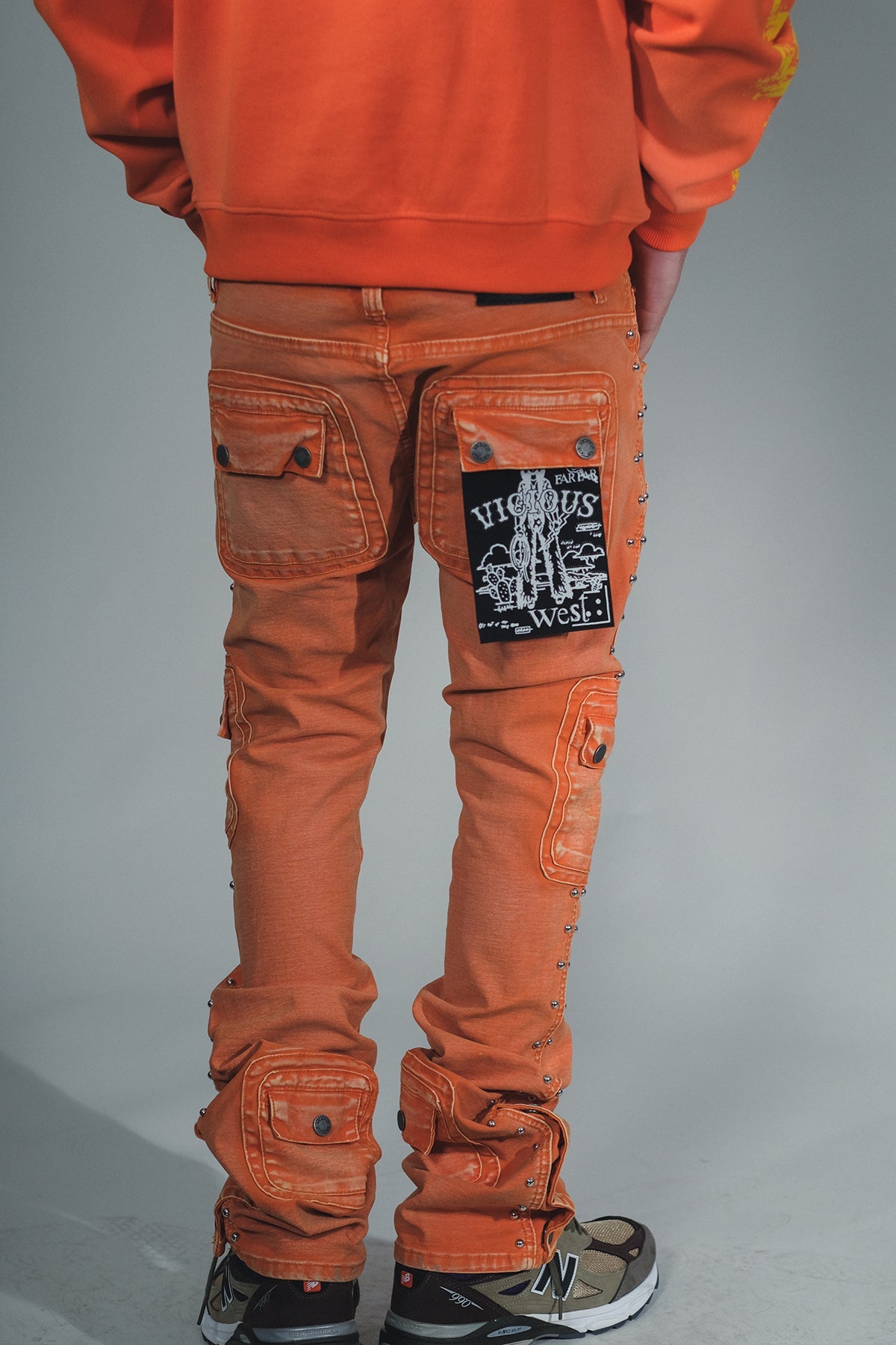 Studded Warrior Cargo Flare Fit Denim Acid Orange by Vicious - 2