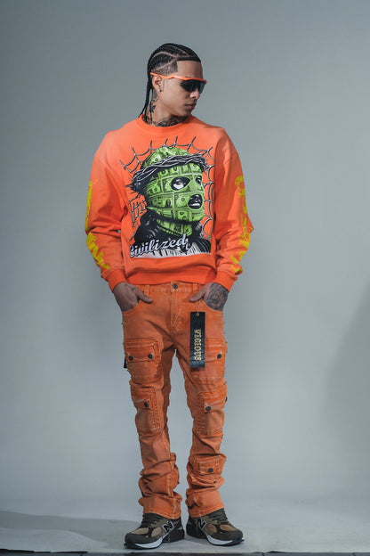 Studded Warrior Cargo Flare Fit Denim Acid Orange by Vicious - 3