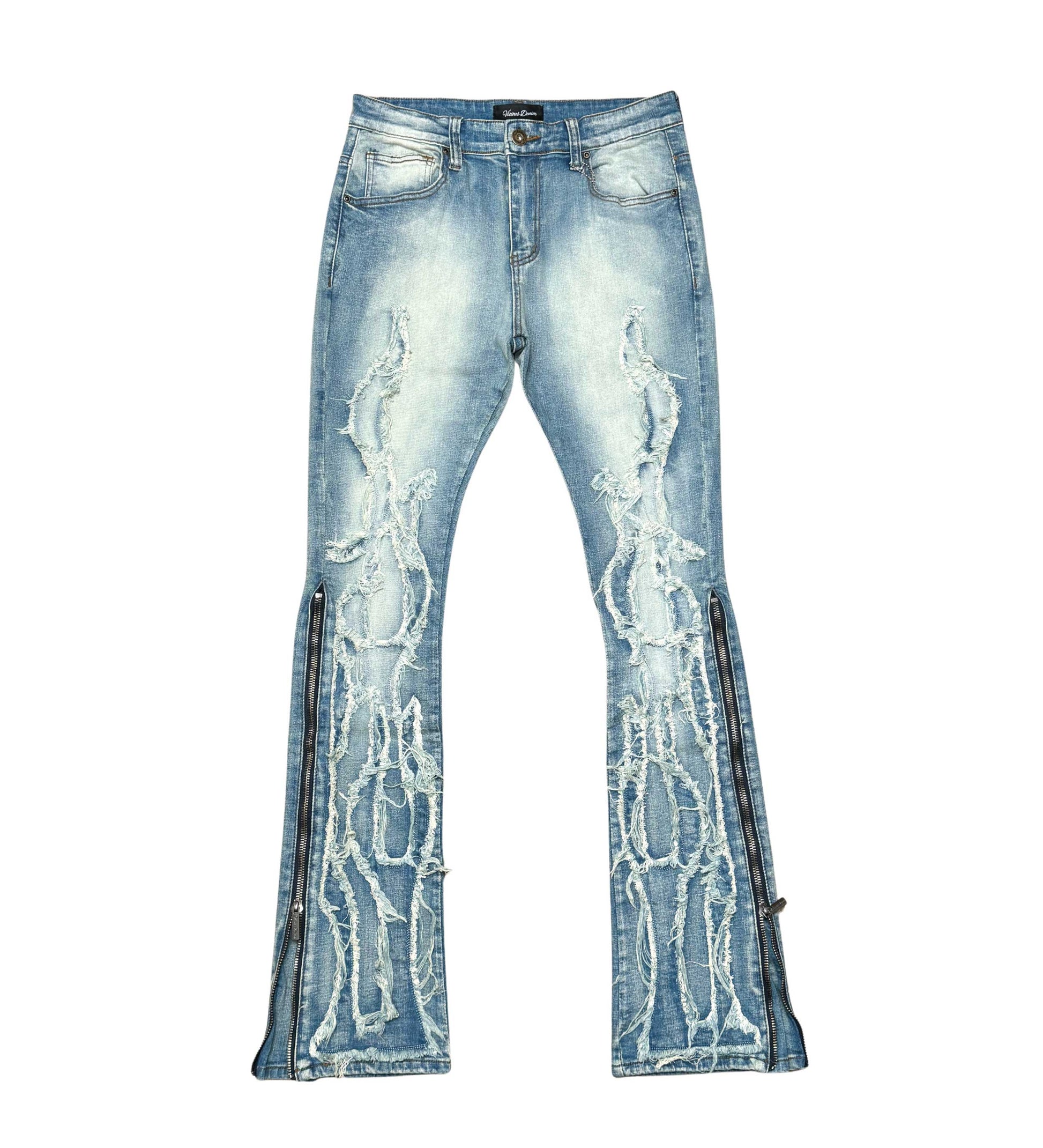 Ripped Flared Denim w/ Side Zippers Blue by Vicious - 1